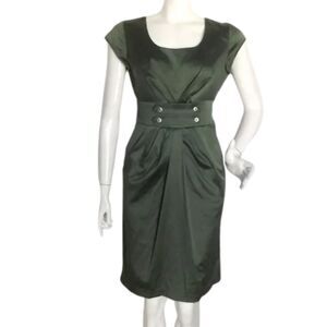 JODY Dress, 7/8, Olive Green, Origami folds, Cap sleeve, Satiny, VINTAGE
